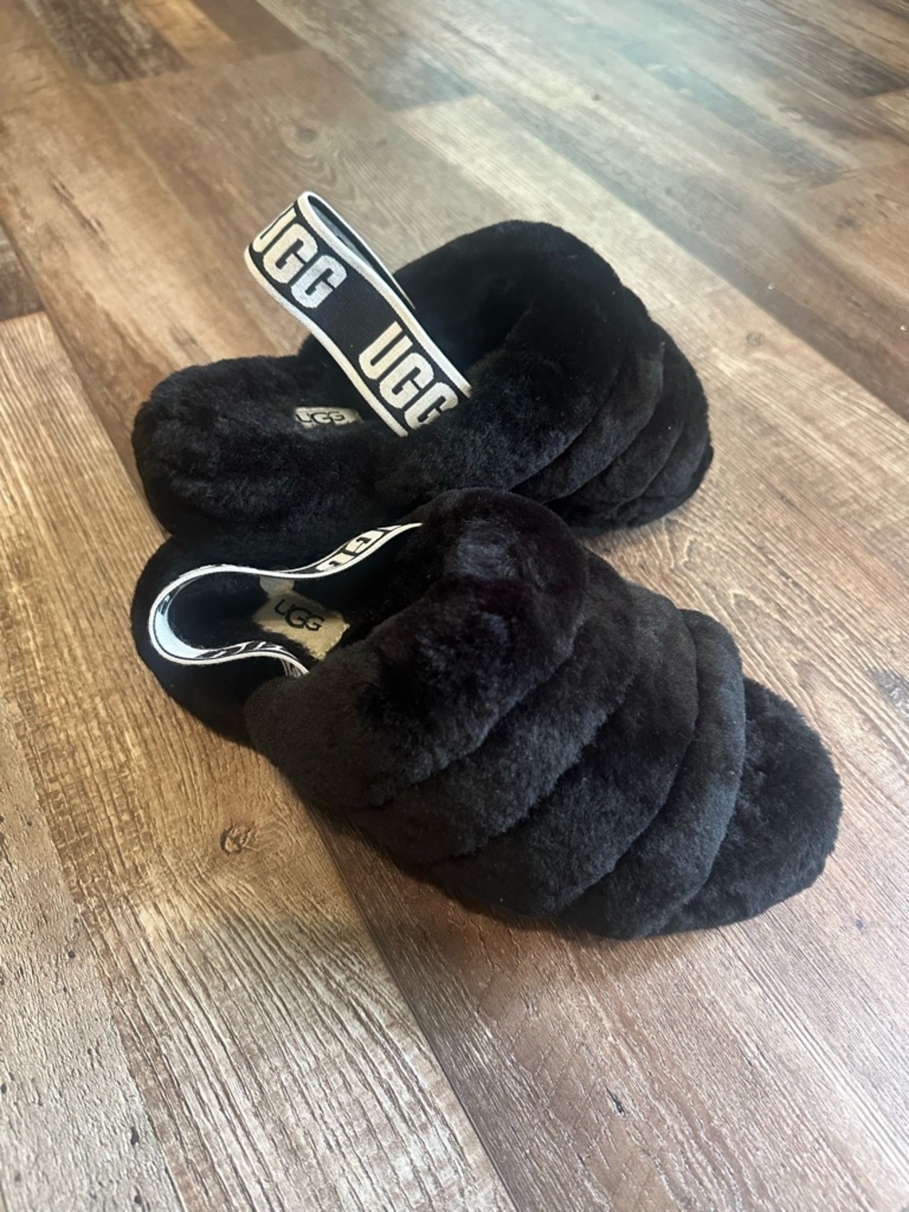 UGG Black Fuzzy Slide Sandals with Branded Elastic Strap